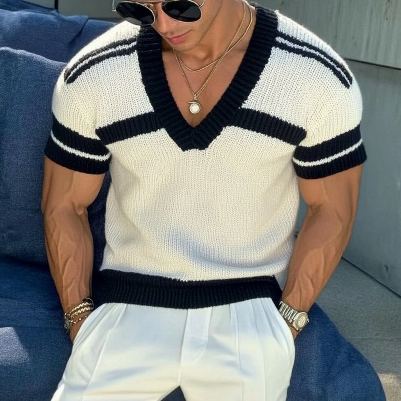 Men's Casual V-neck Striped Jacquard Slim Fit Knitted Short-sleeved Sweater T-Shirt 13072472M