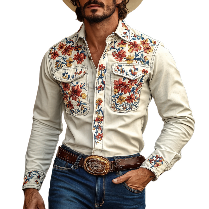 Men's Western Cowboy Style Embroidered Lapel Chest Pocket Long Sleeve Cotton Shirt 42207261Z