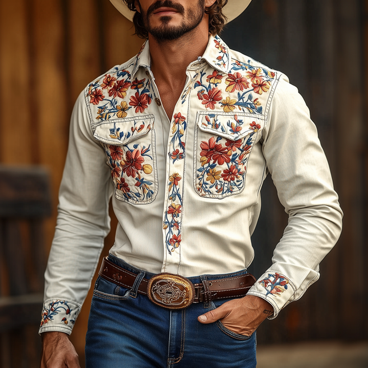 Men's Western Cowboy Style Embroidered Lapel Chest Pocket Long Sleeve Cotton Shirt 42207261Z