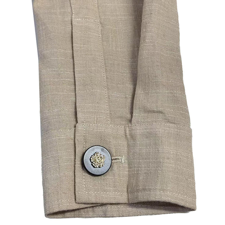 Men's Casual Linen Embroidered Lapel Loose Long Sleeve Shirt 13095416M