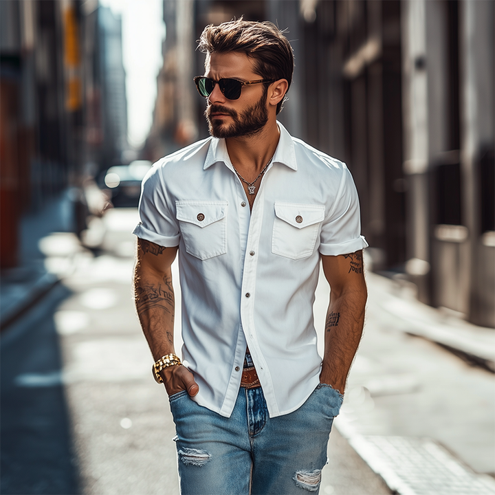 Men's Classic Casual Solid Color Slim Fit Multi-Pocket Short Sleeve Shirt 39582391K