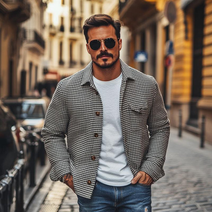 Men's Vintage Houndstooth Lapel Single Breasted Shirt Jacket 85588306M